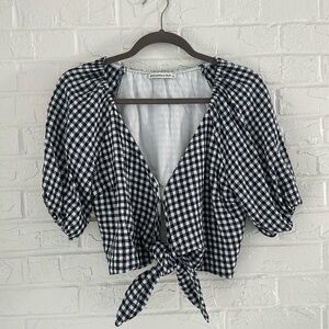 Abercrombie & Fitch Gingham Tie Cropped Linen Blend Top in Navy/White Sz S